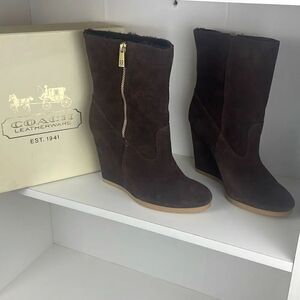 Coach Danee Suede Shearling Shaft Ankle Boots Chestnut Brown 7.5